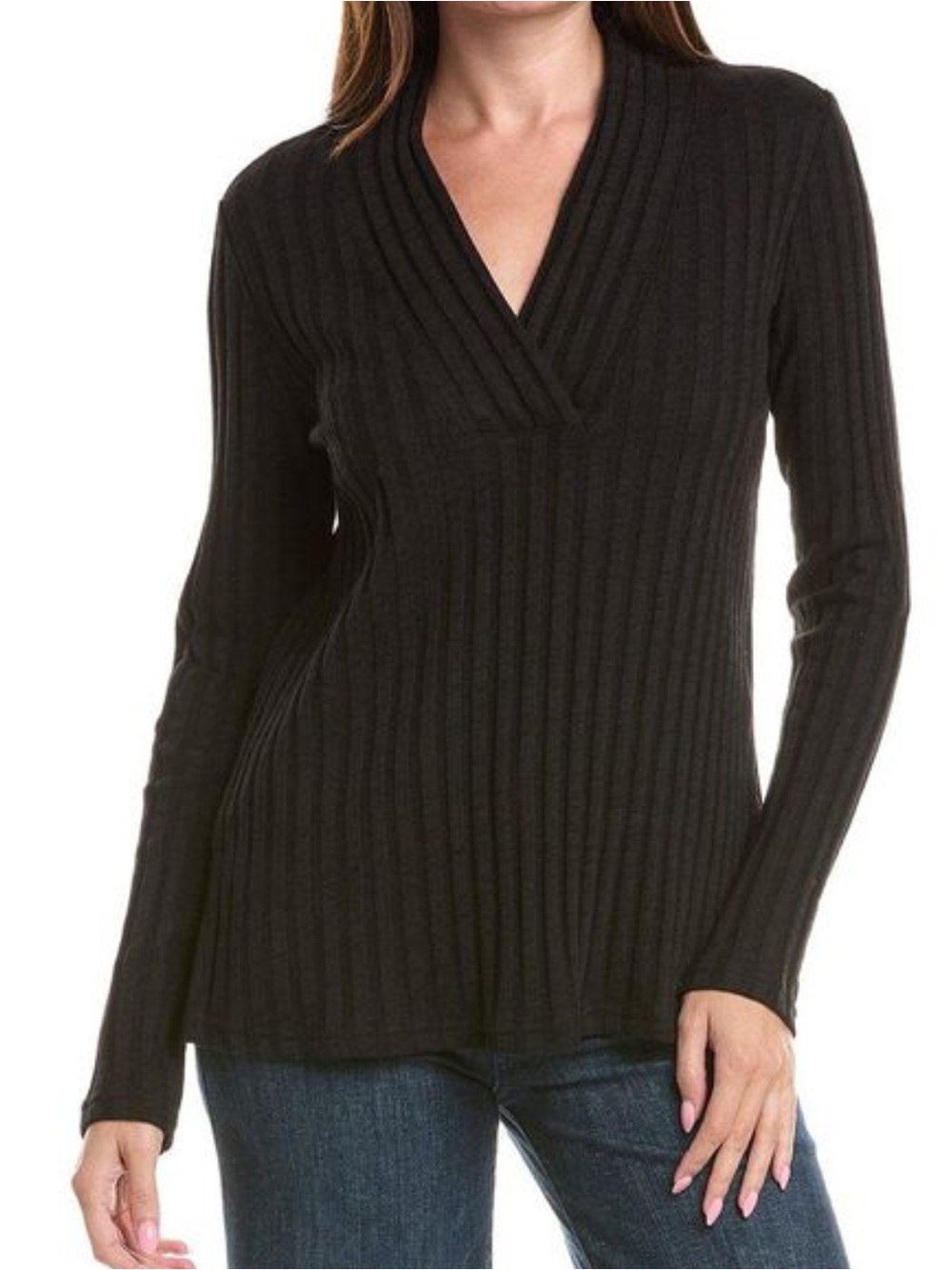 Michael Stars Suri V-Neck Pullover Sz L Black Ribbed Wrap Neck Made USA Minimal